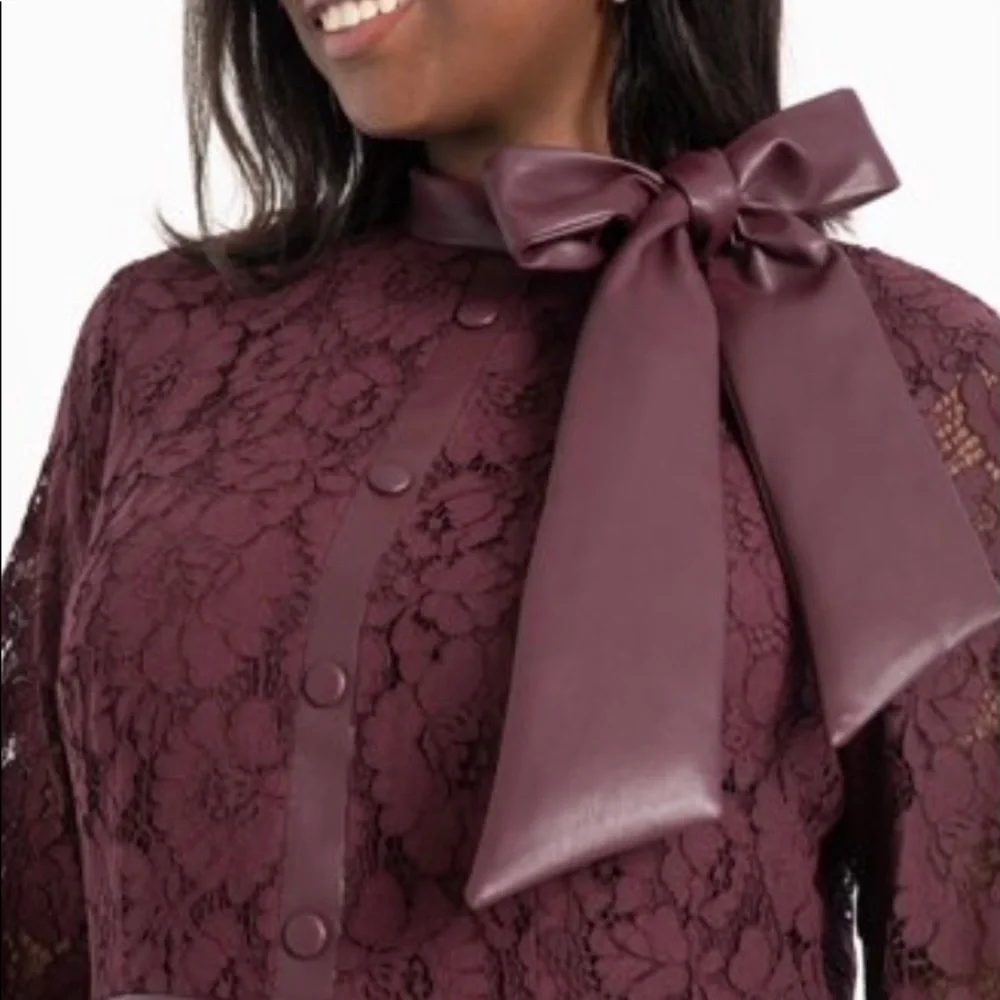 Women’s Burgundy Lace Bodice Pleated Skirt Dress with Bow - Picture 2 of 6